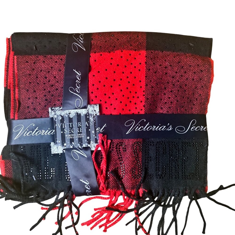 NWT2 Victorias Secret Cozy Blanket Scarves Heart & Plaid, Black & Red Check Logo - Picture 3 of 11